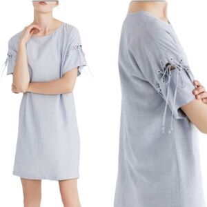NEW MADEWELL blue stripe dress lace up short‎ sleeve shirt XL